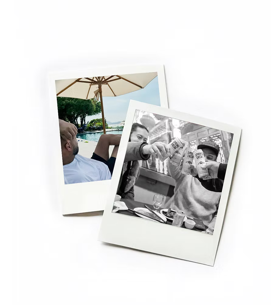 Two Polaroid-style photos of people by a poolside and at an outdoor event.